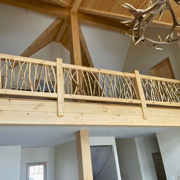 Timber On Railing Top White Pine Timber Frame Railing with Rebar Spindles - Homestead Timbers