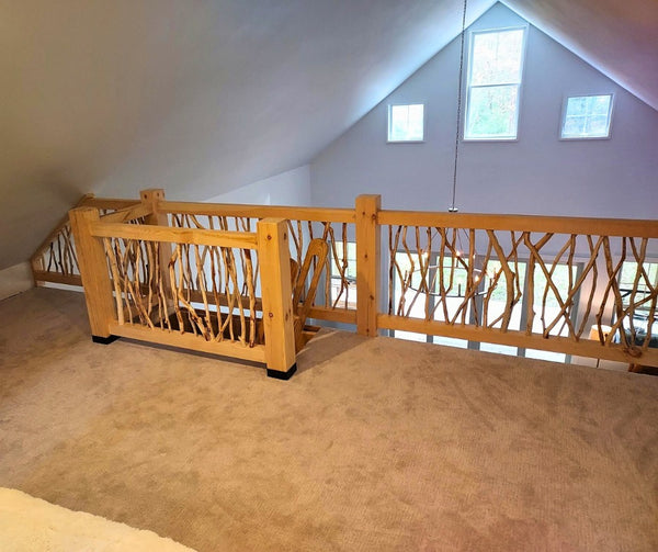 White Pine Timber Frame Railing with Rebar Spindles - Homestead Timbers
