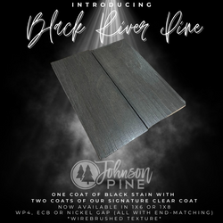 Promotion of Black River Pine explaining the key features. Light glowing down onto a sample piece. 