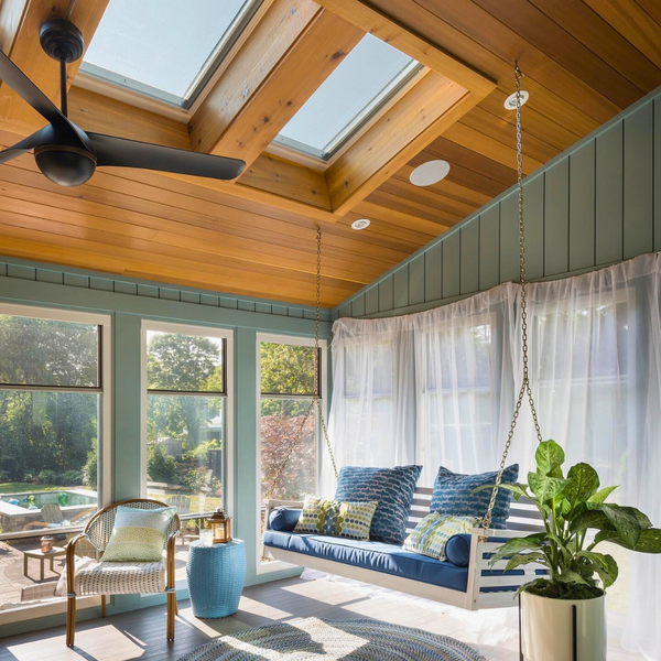 Tongue and groove clear vertical grain western red cedar on ceiling
