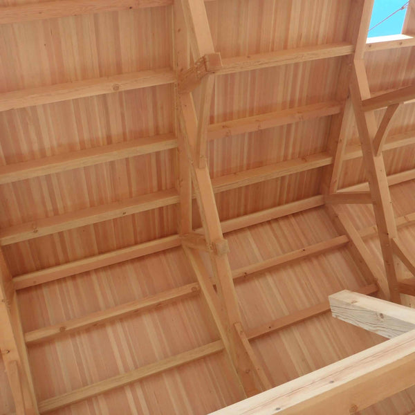 Clear Vertical Grain Doug Fir used on the ceiling and the rafters- Homestead Timbers