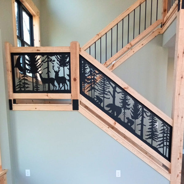 Staircase with decorative railing panels . 
