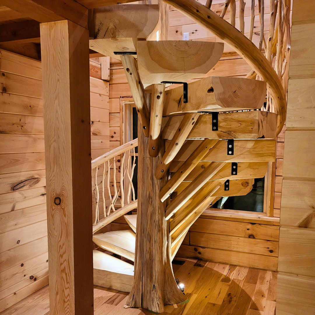 Homes Log Spiral Stairs Unusually Shaped Home Includes Pond, Stained
