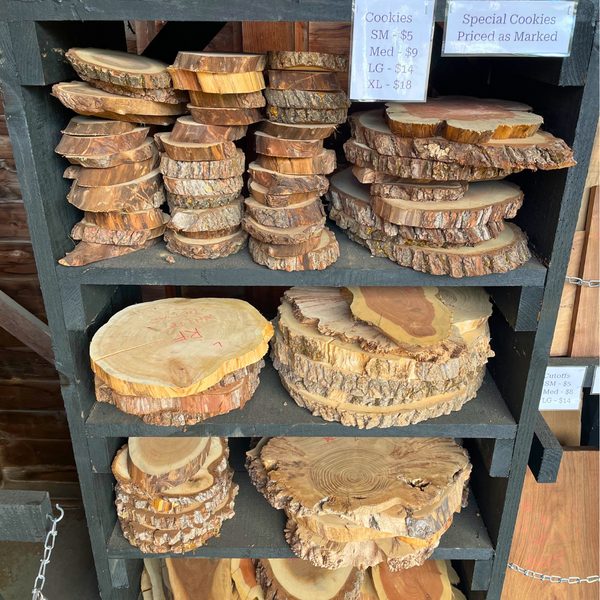 Small, medium, large, and x-large display of burl hardwood cookies. 