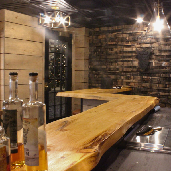 Bar area completed with the bar top as hardwood slabs.