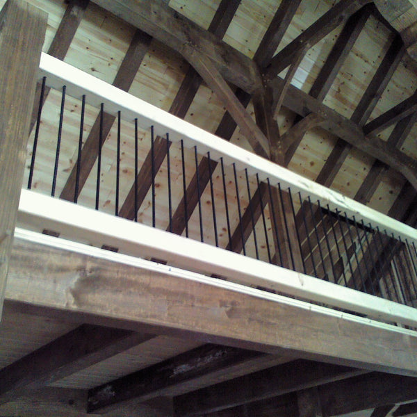 White Pine Timber Frame Railing with Rebar Spindles