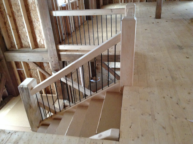 Timber Panel Rails White Pine Timber Frame Railing with Rebar Spindles - Homestead Timbers
