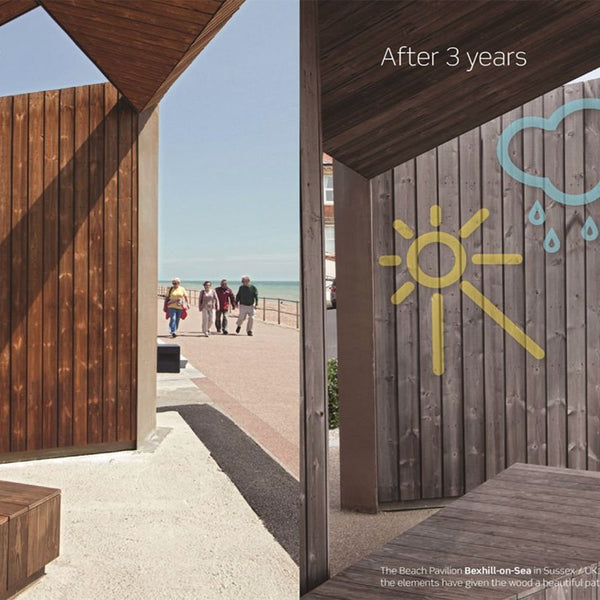 A beach pavilion of Kebony siding new compared to three years later. The siding after three years has more of a grey look to it compared to the reddish look in the first one. 