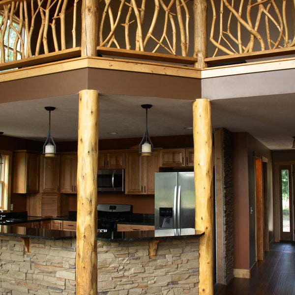 Kitchen Hollow Post Wraps with twig railing above the posts.