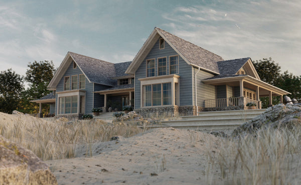 A house with millboard envello siding on a beach front. This house has big open windows with a slightly blue look to it.