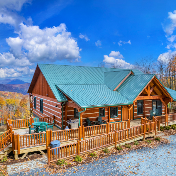 Rapid Log Railing surrounds the outside of a mountain home in North Carolina.
