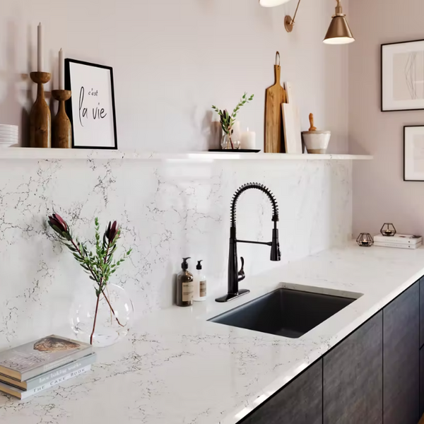Quartz Countertop and Backsplash - Homestead Timbers