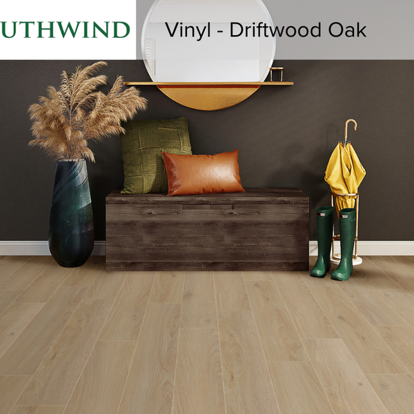 A rendered space showing Southwind vinyl driftwood oak flooring.