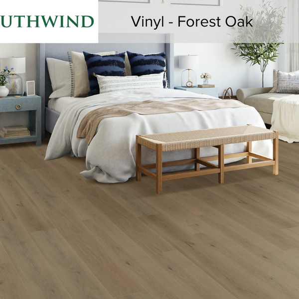 A Rendered bedroom with Southwind vinyl forest oak. 
