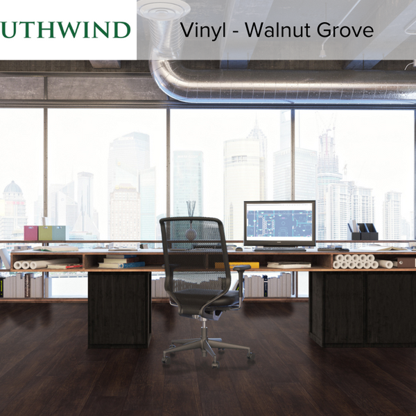 Southwind vinyl walnut groove flooring in a rendered room.