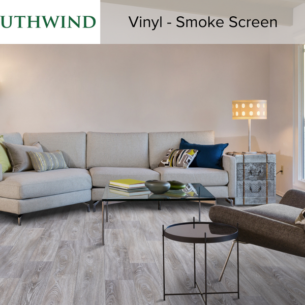 A rendered living room with Southwind vinyl smoke screen flooring. 