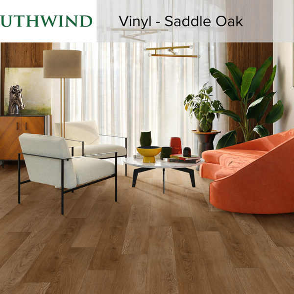 A mockup room showing the Southwind vinyl saddle oak.