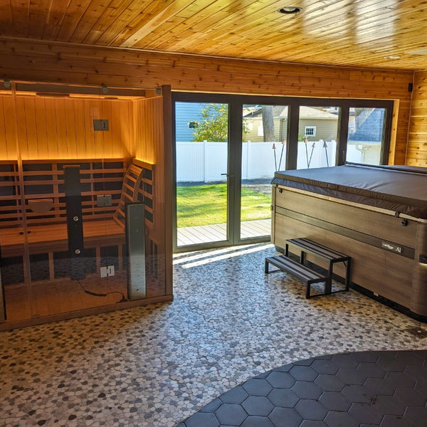 Western Red Cedar spa room with hot tub and sauna