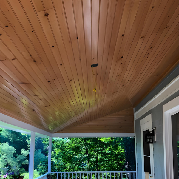 Porch ceiling with a sharp almond look - Homestead Timbers