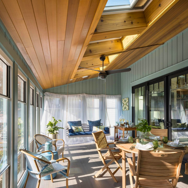 Open living space with Clear Western Red Cedar tongue and groove paneling