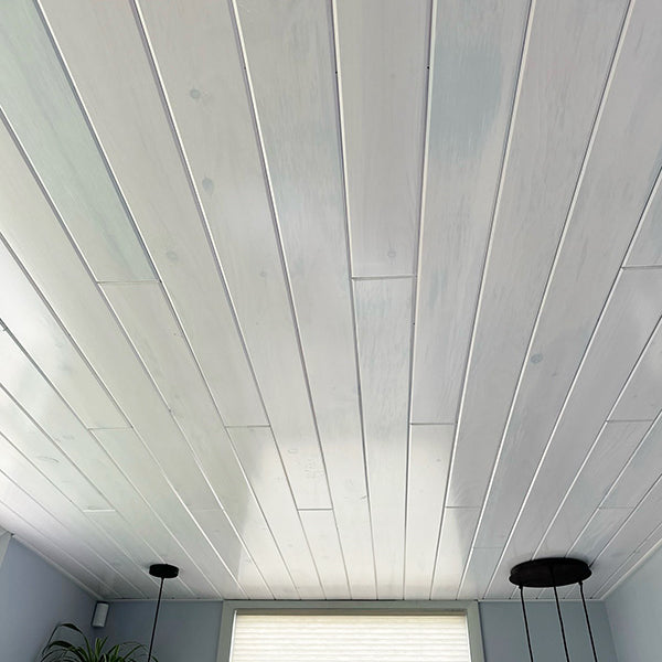 A room with plants and light fixtures on each side and a nice open window with natural light. The ceiling is finished with white pine nickel gap paneling.