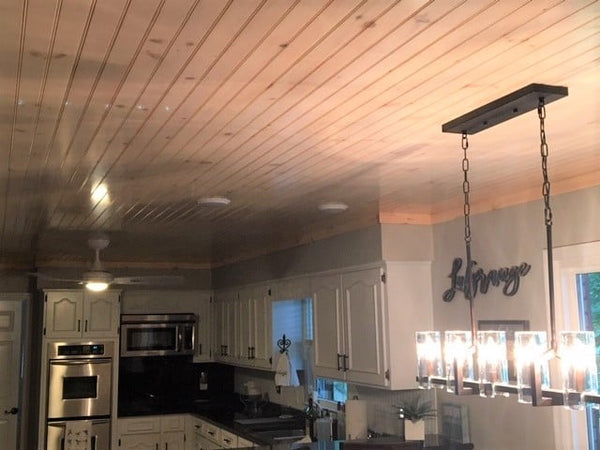 Stonewash paired with a white kitchen is a soothing choice as the stonewash features a subtle glaze.