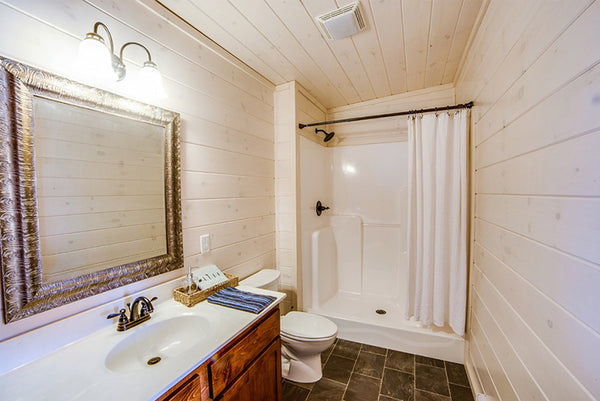 White Pine T&G Paneling Pre-finished - Whitewash - Homestead Timbers on the bathroom walls and ceiling