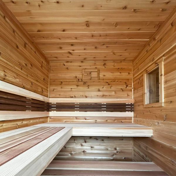 the interior of a sauna with western red cedar