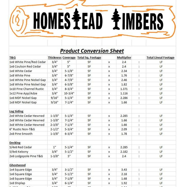 Homestead Timbers conversion sheet